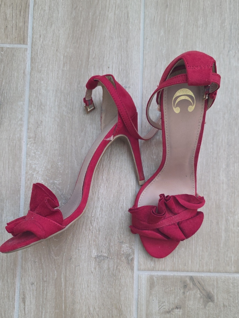 Red Suede Ankle-Strap High Heel Sandals with Bow Accent